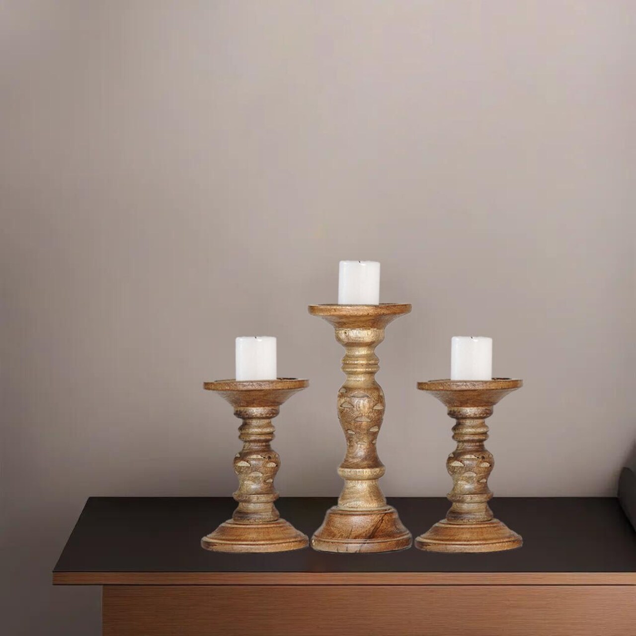 Bbh Homes Mango Wood Candle Holder Set Of 3 Eco-Friendly Traditional Walnut Color